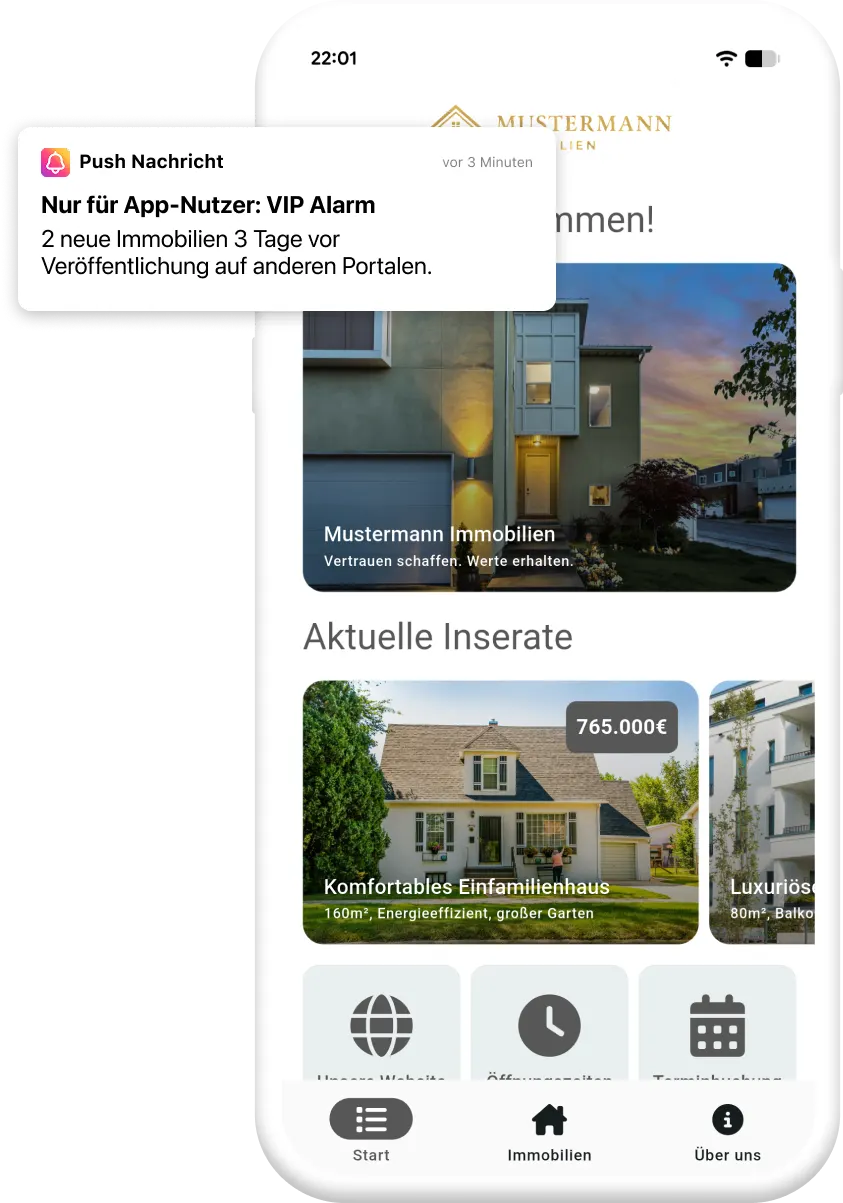 Beispiel einer App für Immobilienmakler mit Push-Nachricht