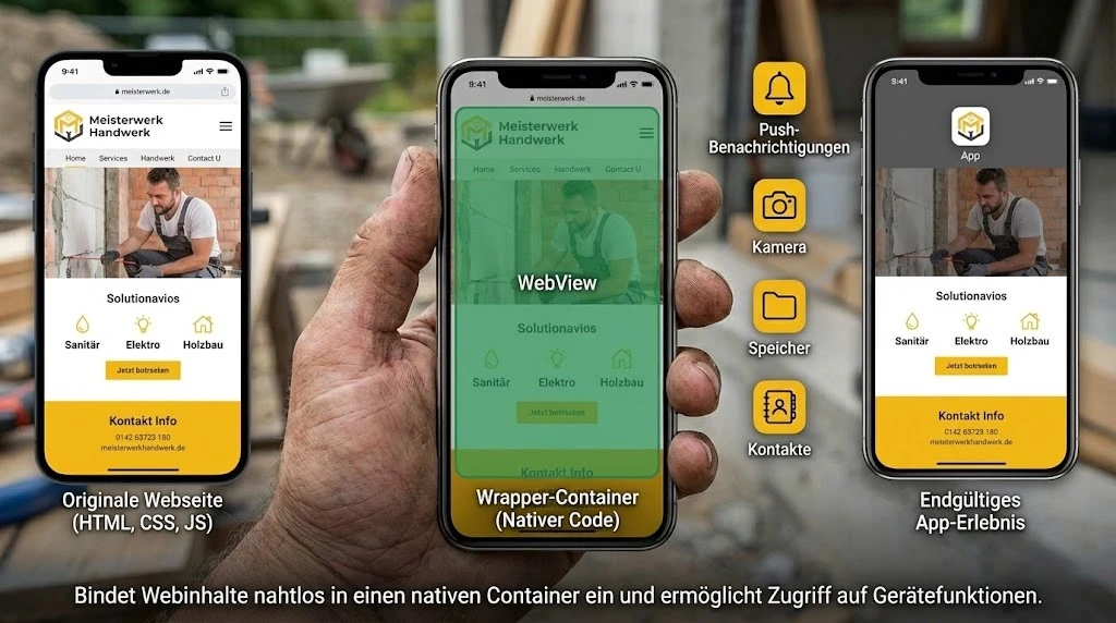So funktioniert eine Wrapper App: Die bestehende Webseite läuft im WebView eines nativen Containers und erhält über eine Bridge Zugriff auf Gerätefunktionen wie Push, Kamera und Kontakte.